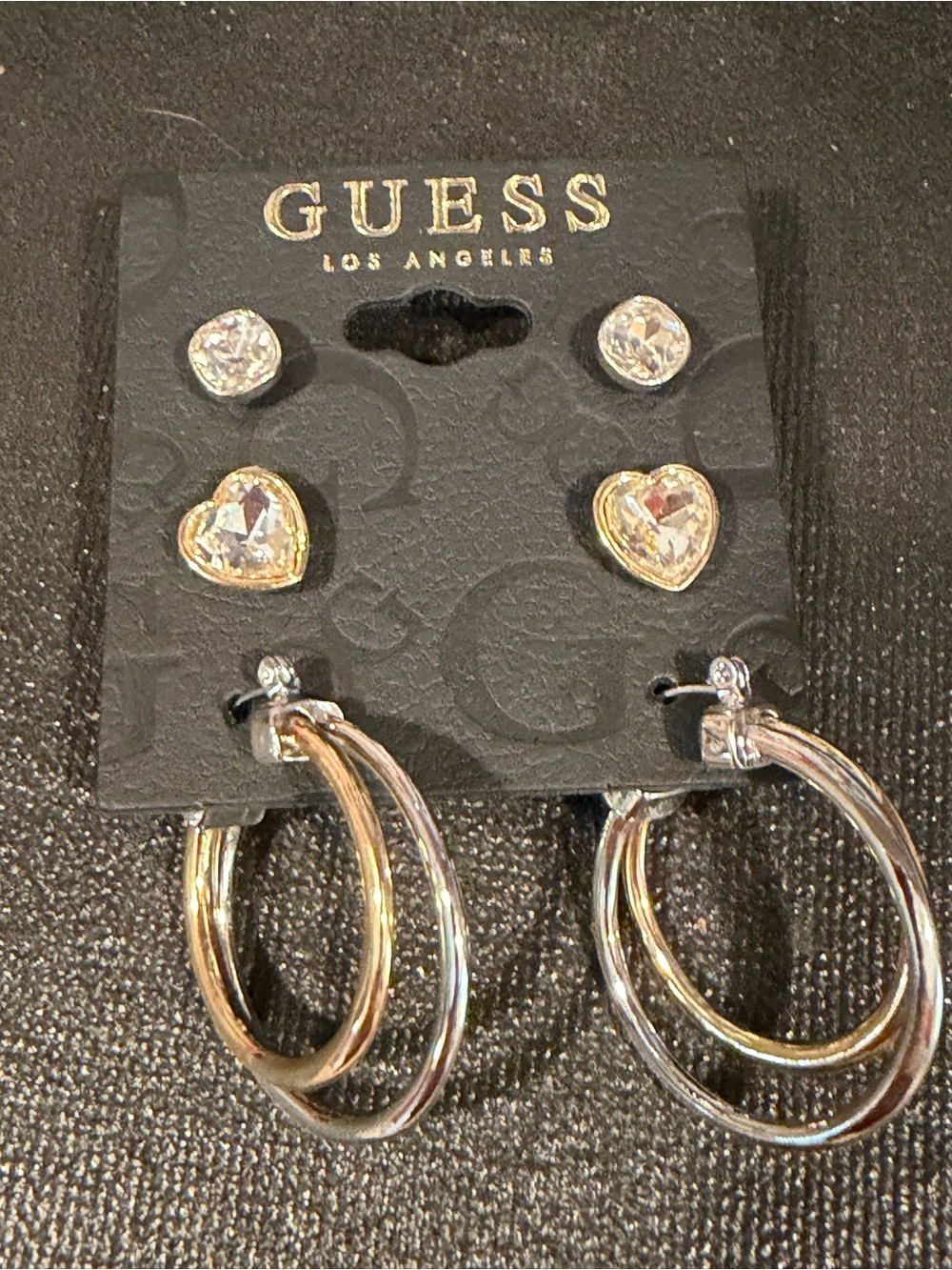 GUESS Silver-Tone Crystal Studs, Heart Studs & Double Hoop Set